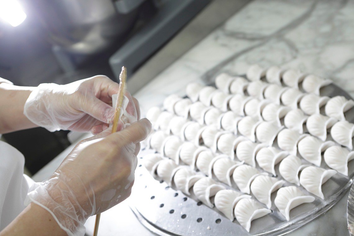 Tray of dumplings in the making at dnata